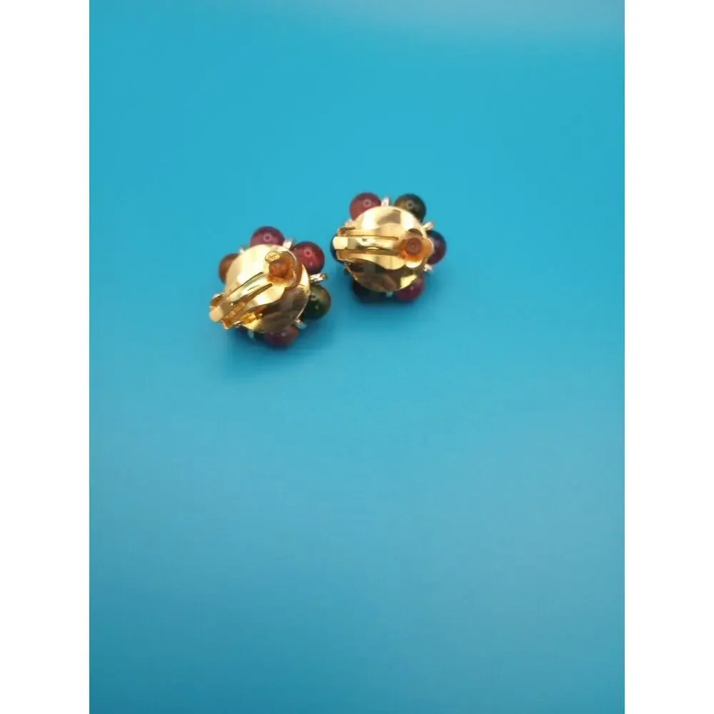 Round Cluster Ball Clip On Earrings Gold Tone Multi Color Plastic Resin